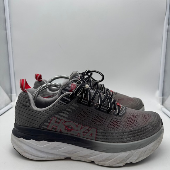 Hoka One One Other - Hoka One One M Bondi 6 Men's Running Shoes Grey Red Lace Up Athletic Sneakers